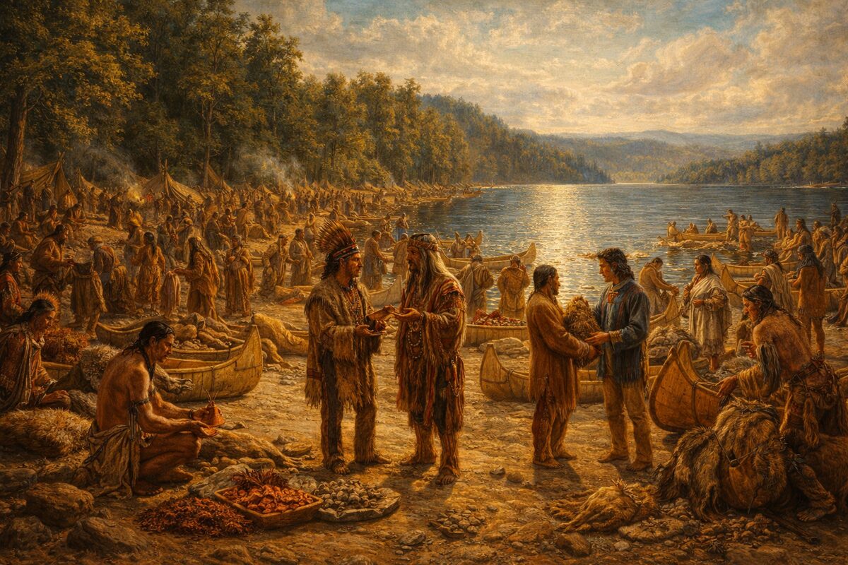 Birch bark canoe on calm Canadian river representing ancient Indigenous trade networks