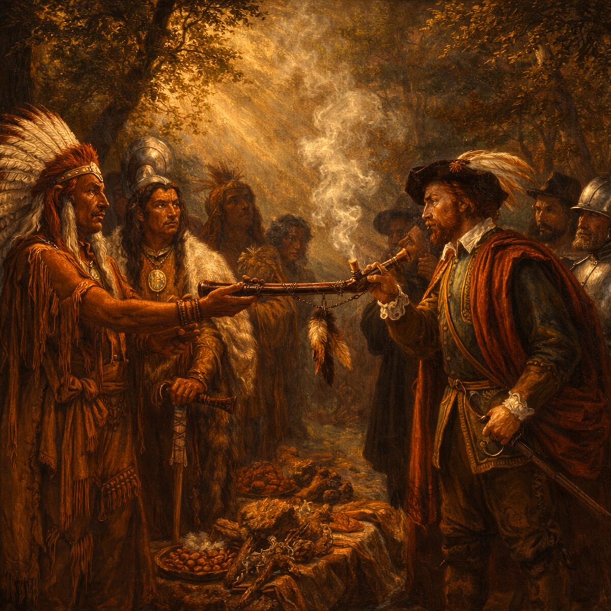 Ornate carved catlinite peace pipe with feather and beadwork decorations